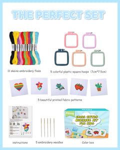 Kids Cross Stitch & Embroidery Craft Kit with Hoops