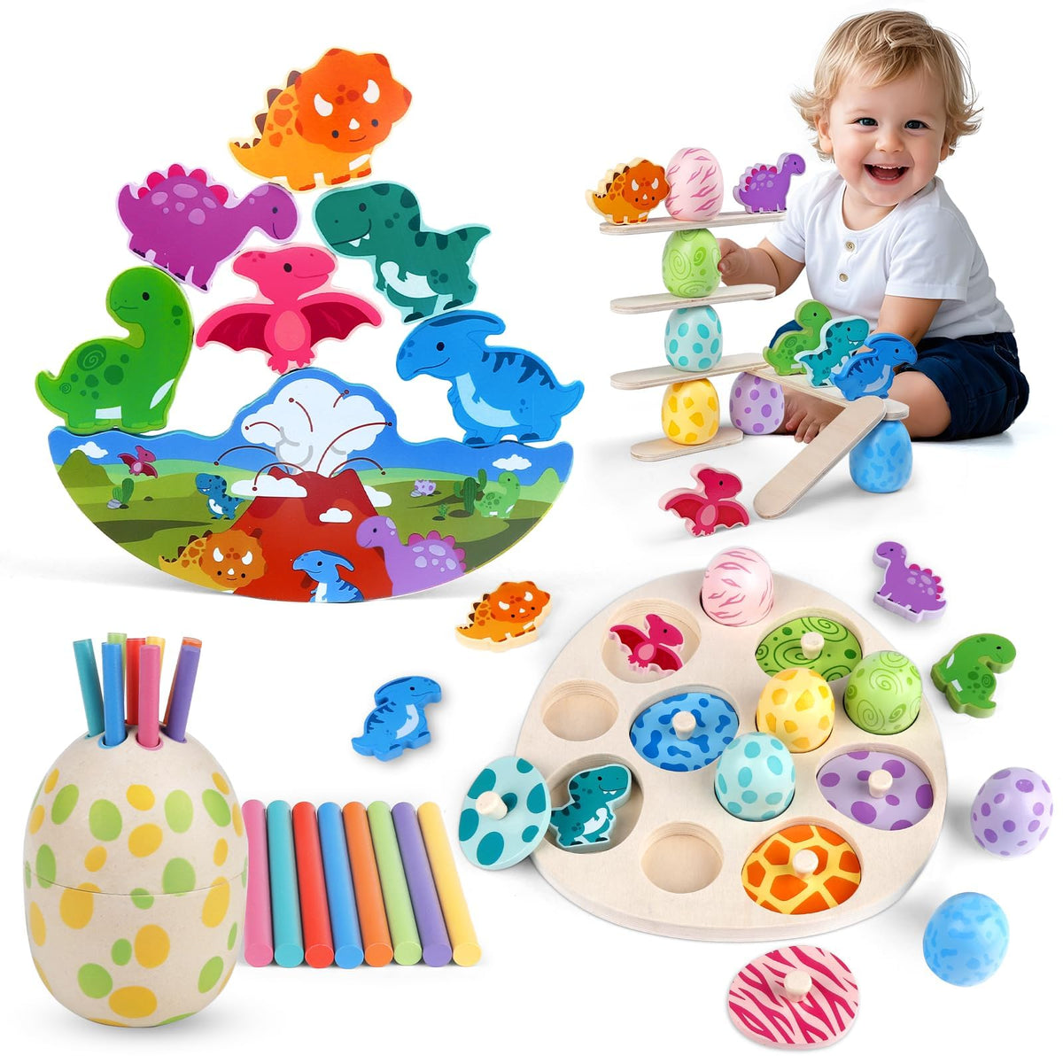Montessori Dinosaur Wooden Puzzle & Sorting Toy Ages 1–4