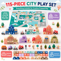 115-Piece Wooden City Building Blocks Set for Kids Ages 3+