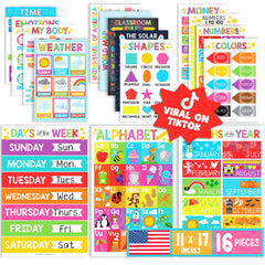 16 Laminated Educational Classroom Posters for Pre-K Kids
