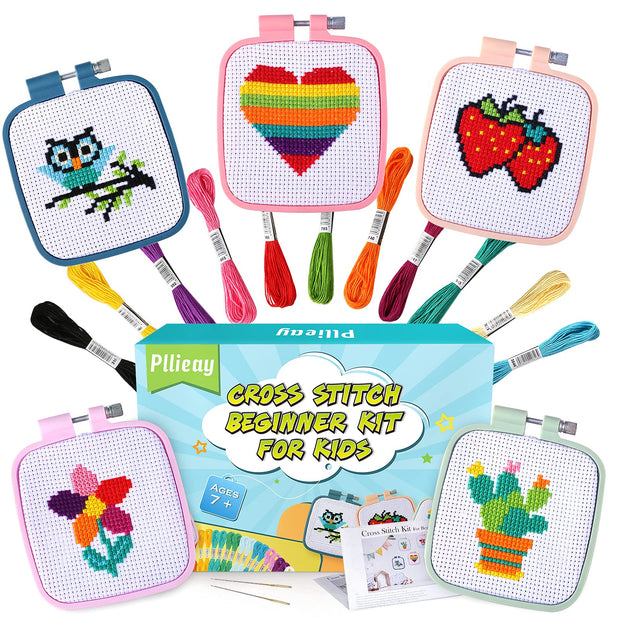Kids Cross Stitch & Embroidery Craft Kit with Hoops