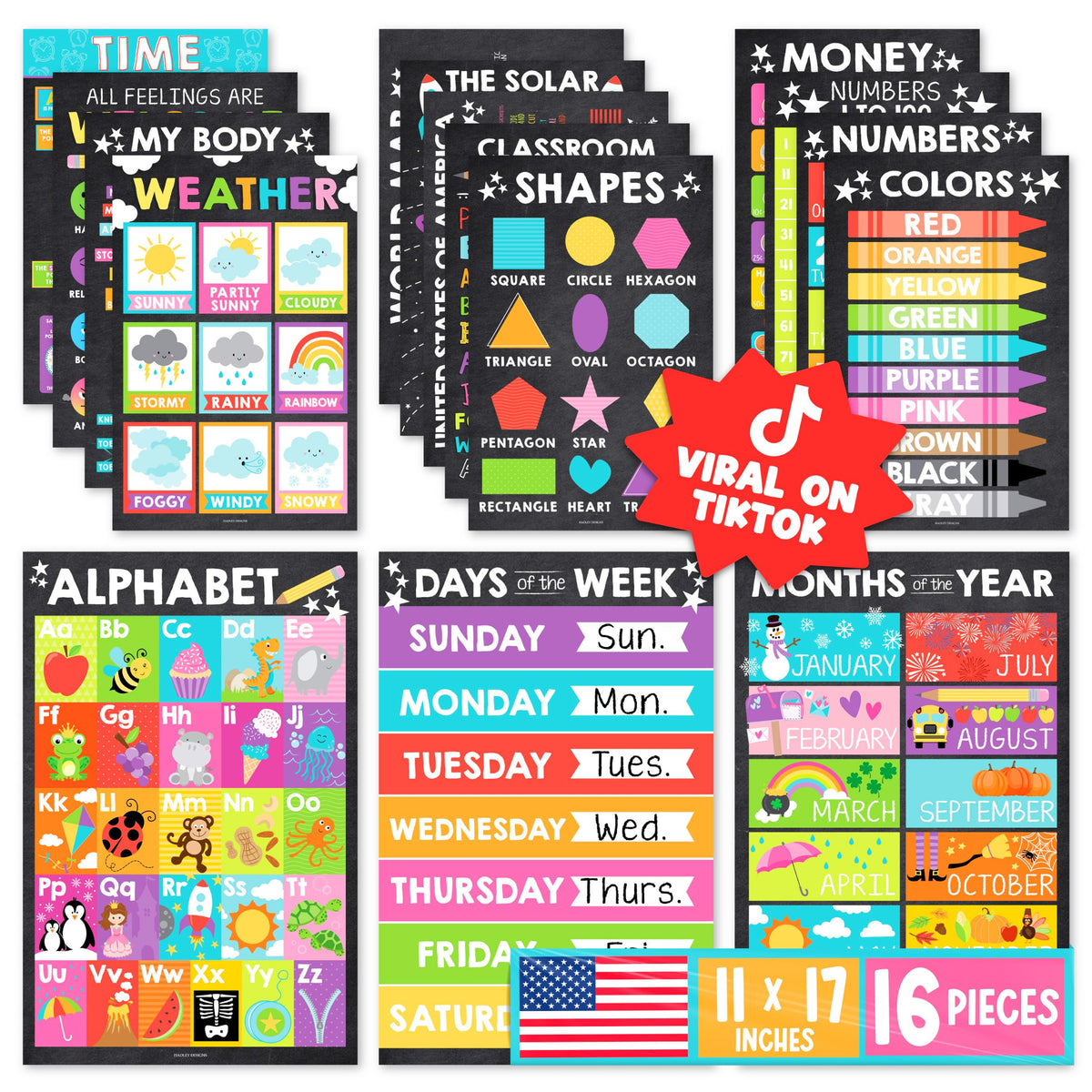 16 Laminated Educational Classroom Posters for Pre-K Kids